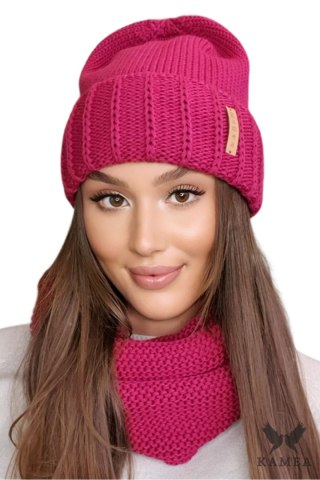 LEONA komplet damski czapka z kominem kolor fuksja - Kamea