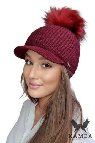 NASIRA NATURAL POMPON zimowa czapka damska kolor bordowy - Kamea